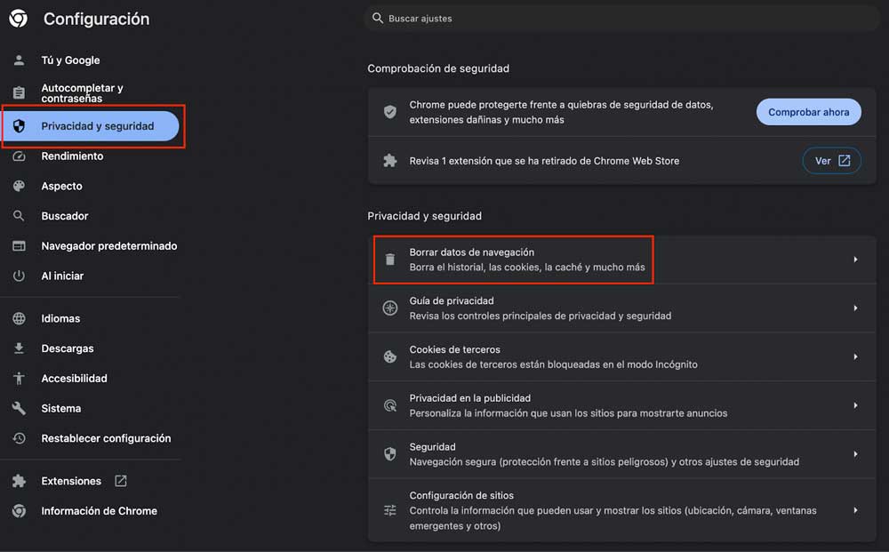 Borrar datos navegación en el navegador Google Chrome